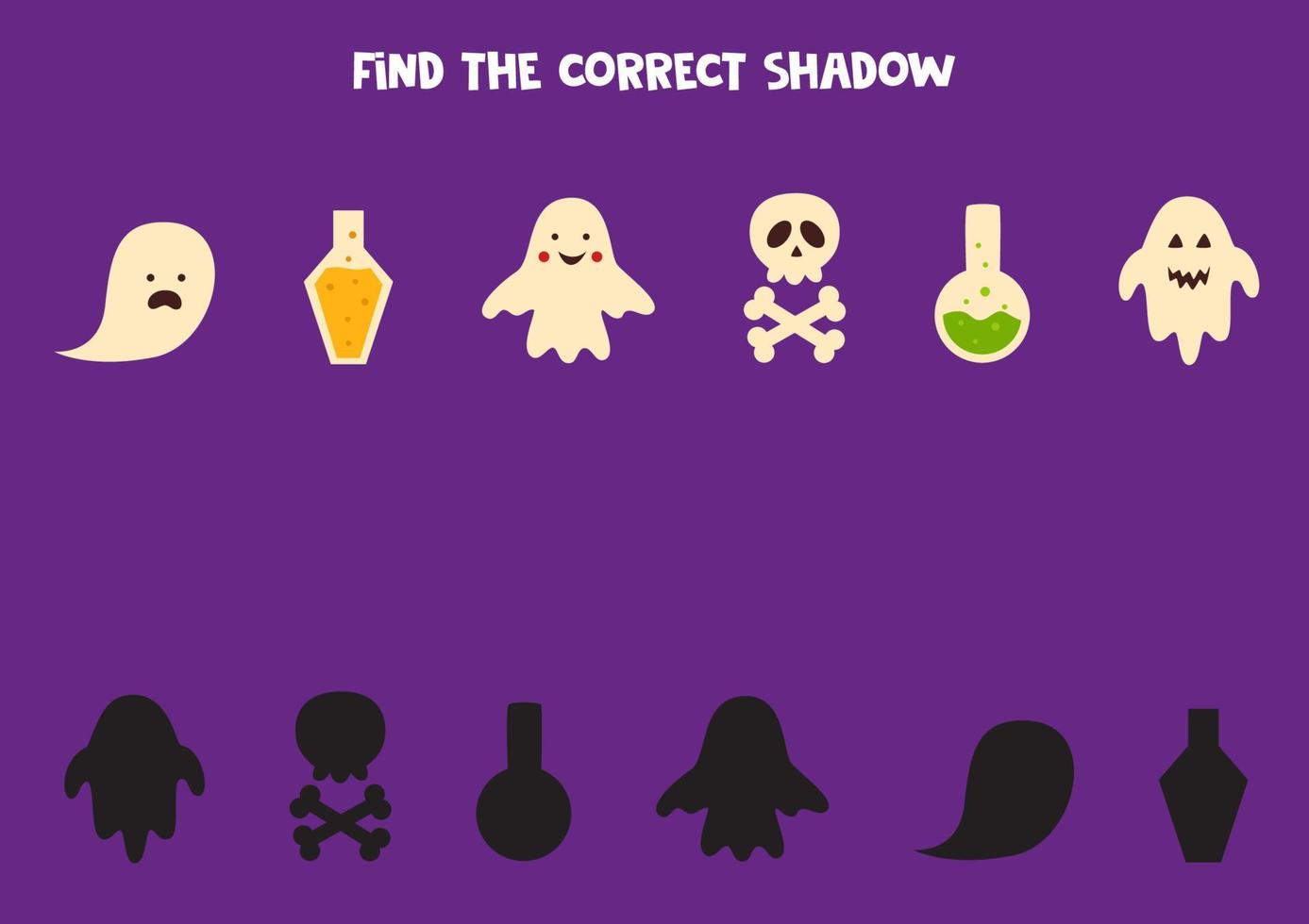 Encuentra las sombras correctas de los lindos elementos de Halloween. vector