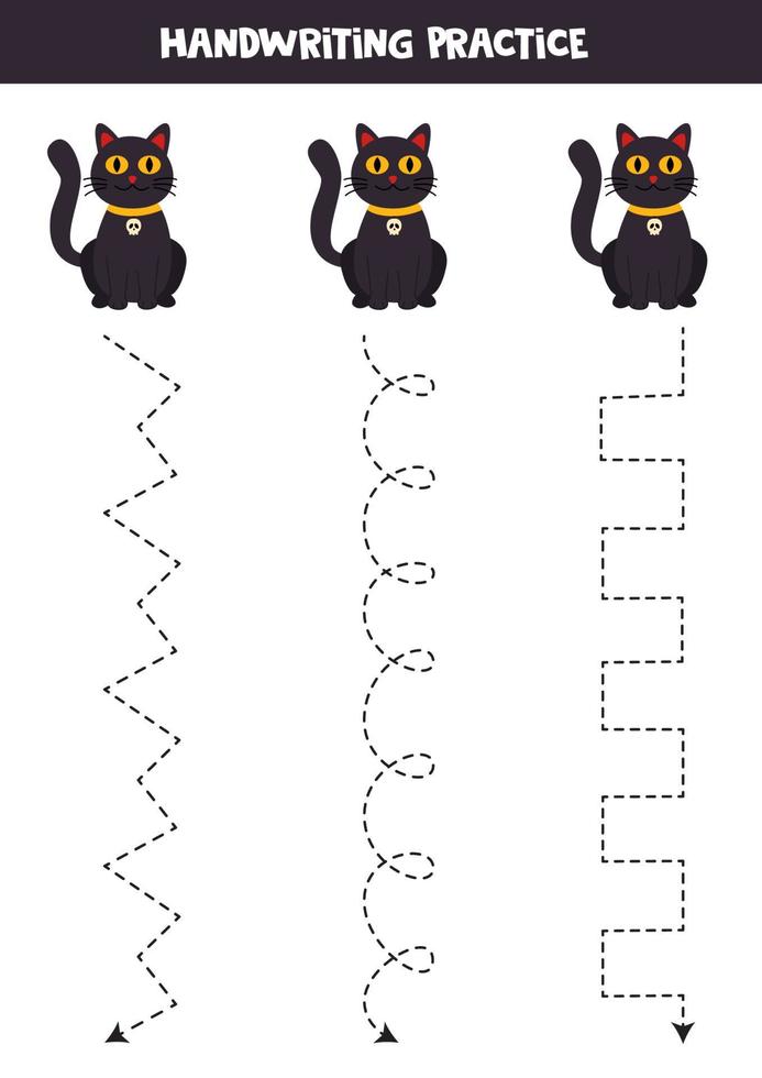 Tracing lines with cute black cats. Writing practice. vector