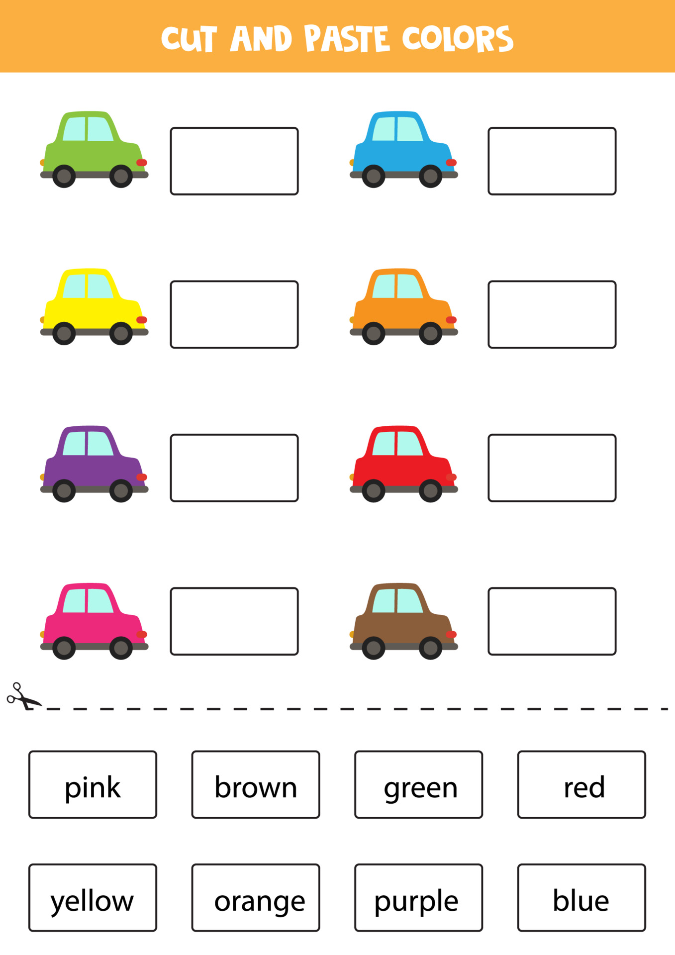 Cut names of colors and paste them. Worksheet for kids. 3463020 Vector