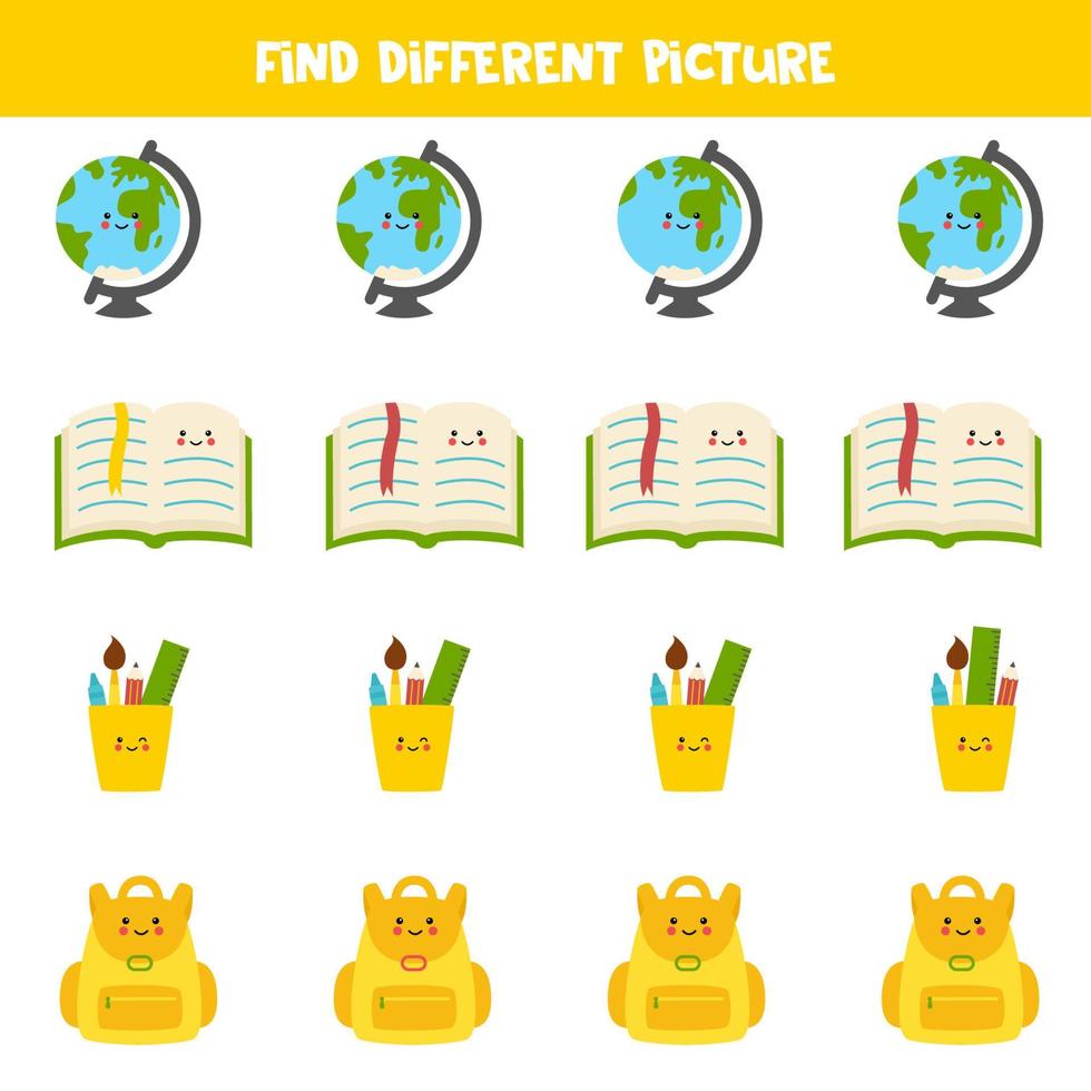 Find school supply which is different from others. Worksheet for kids. vector