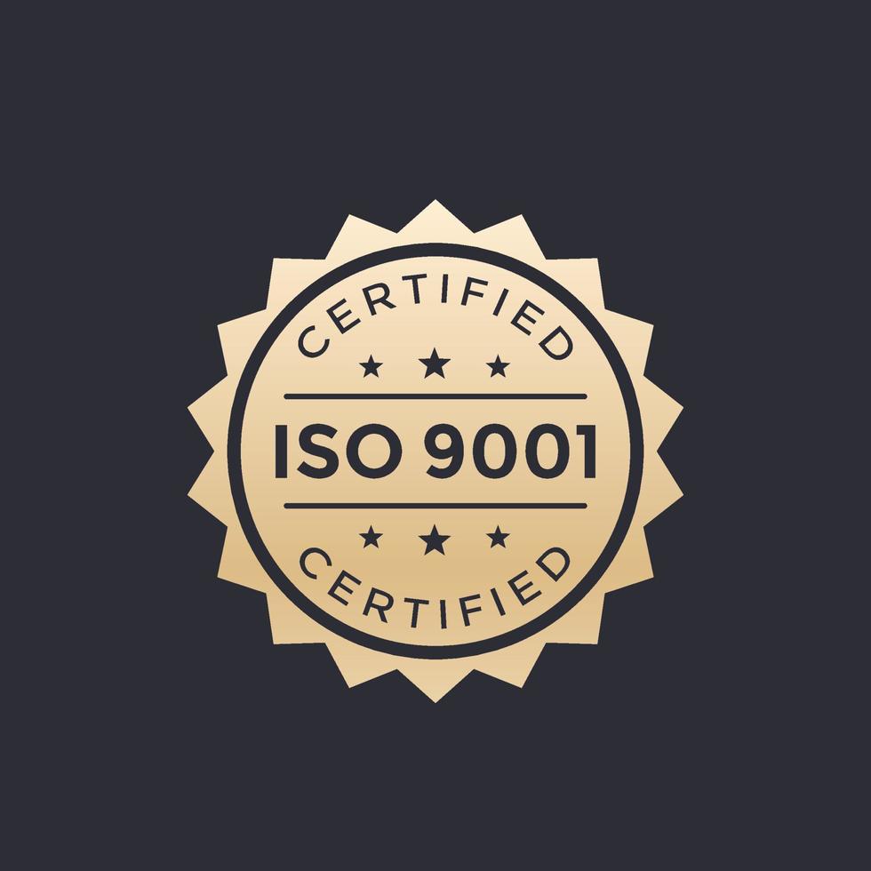 ISO 9001 badge, gold label vector