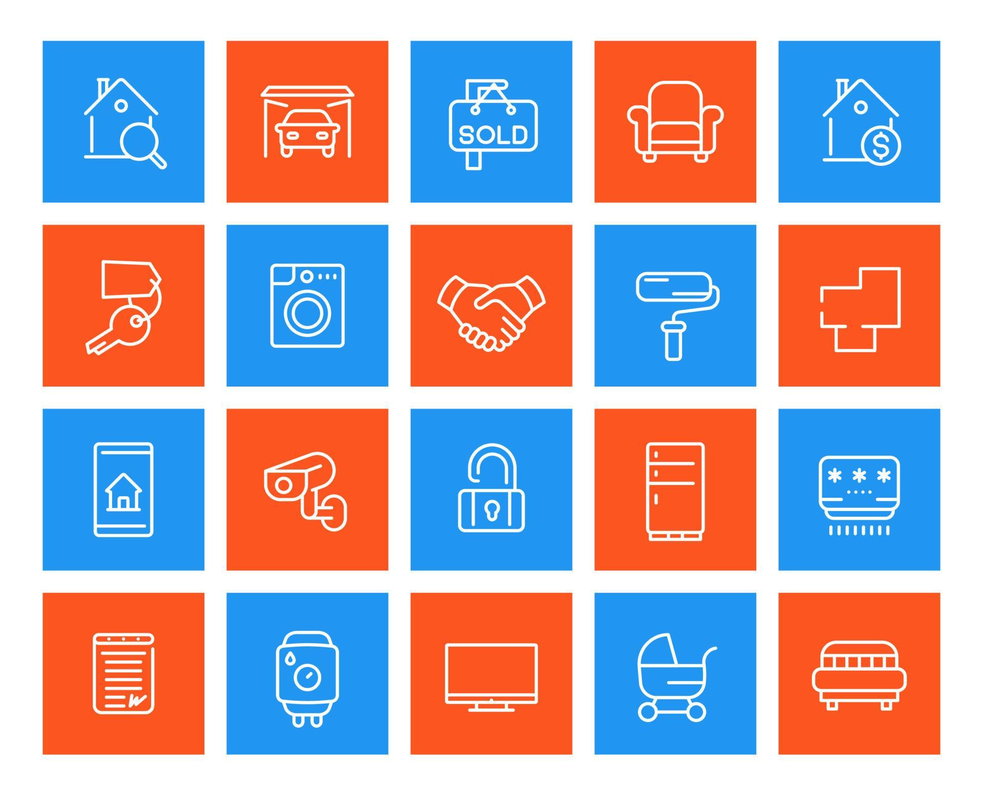 Real estate, home, apartments for rent, houses for sale line icons set
