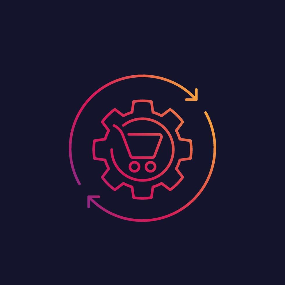 order processing, shopping cart and cogwheel linear icon vector