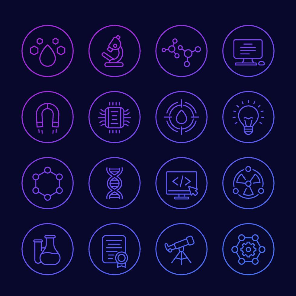 Science, technology and research icons, linear set vector