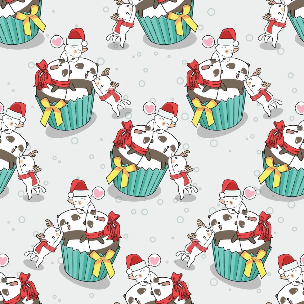 Seamless cats and pandas in Christmas day pattern vector