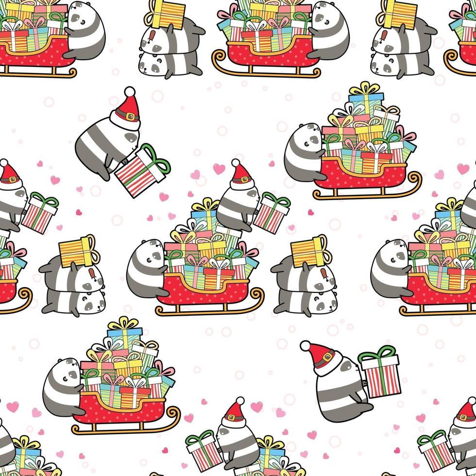 Seamless pandas and gifts in Christmas day pattern vector