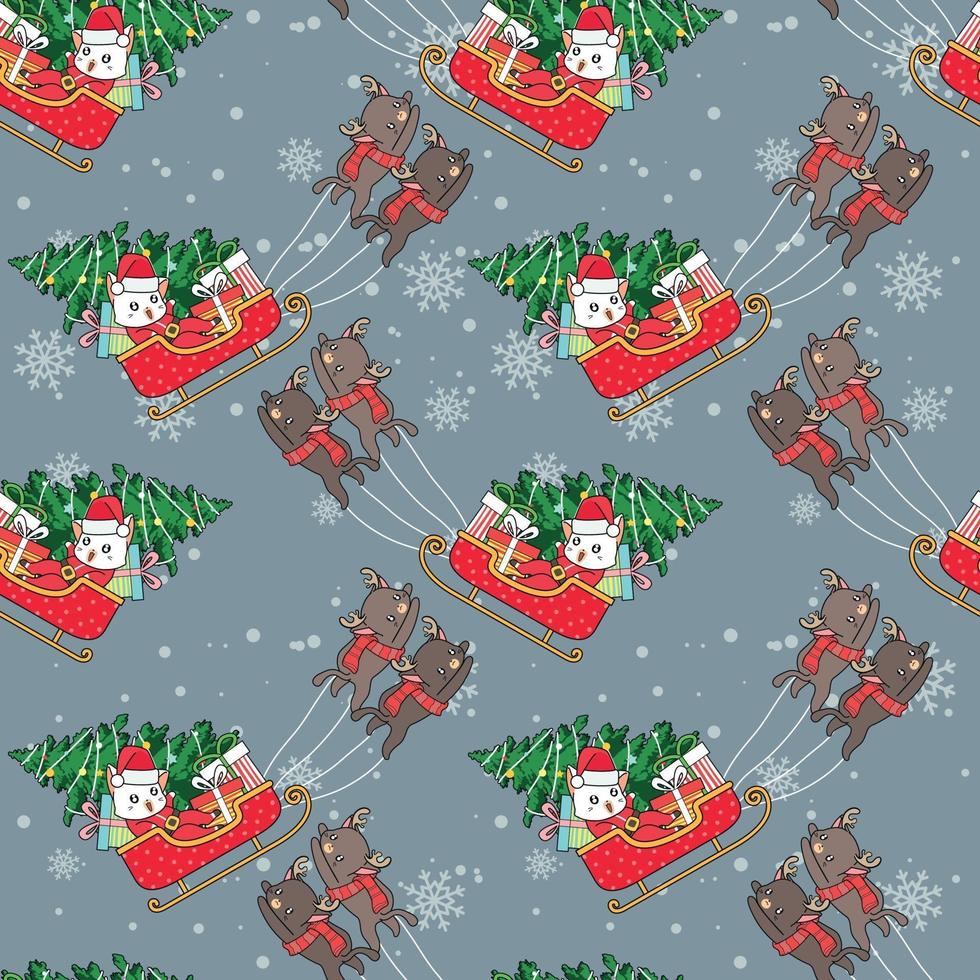 Seamless Santa claus cat in sleigh pattern vector