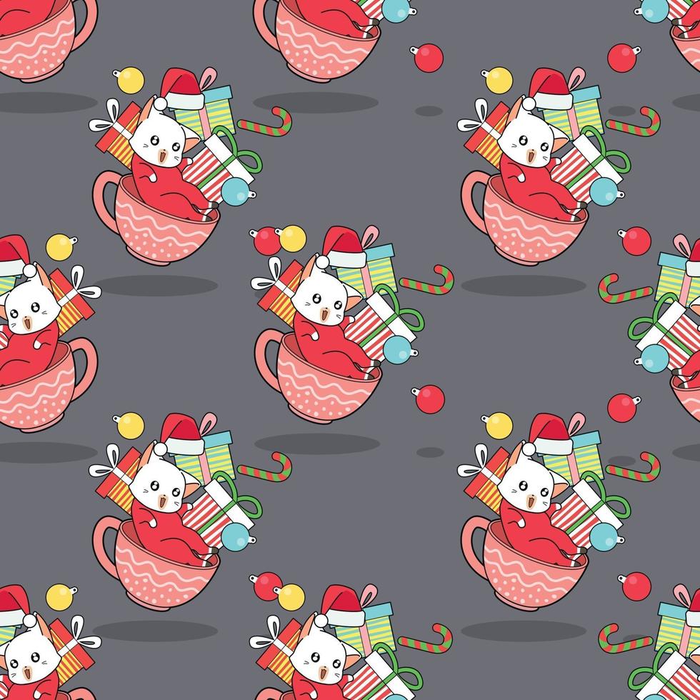 gato de navidad sin costuras en patrón de taza vector