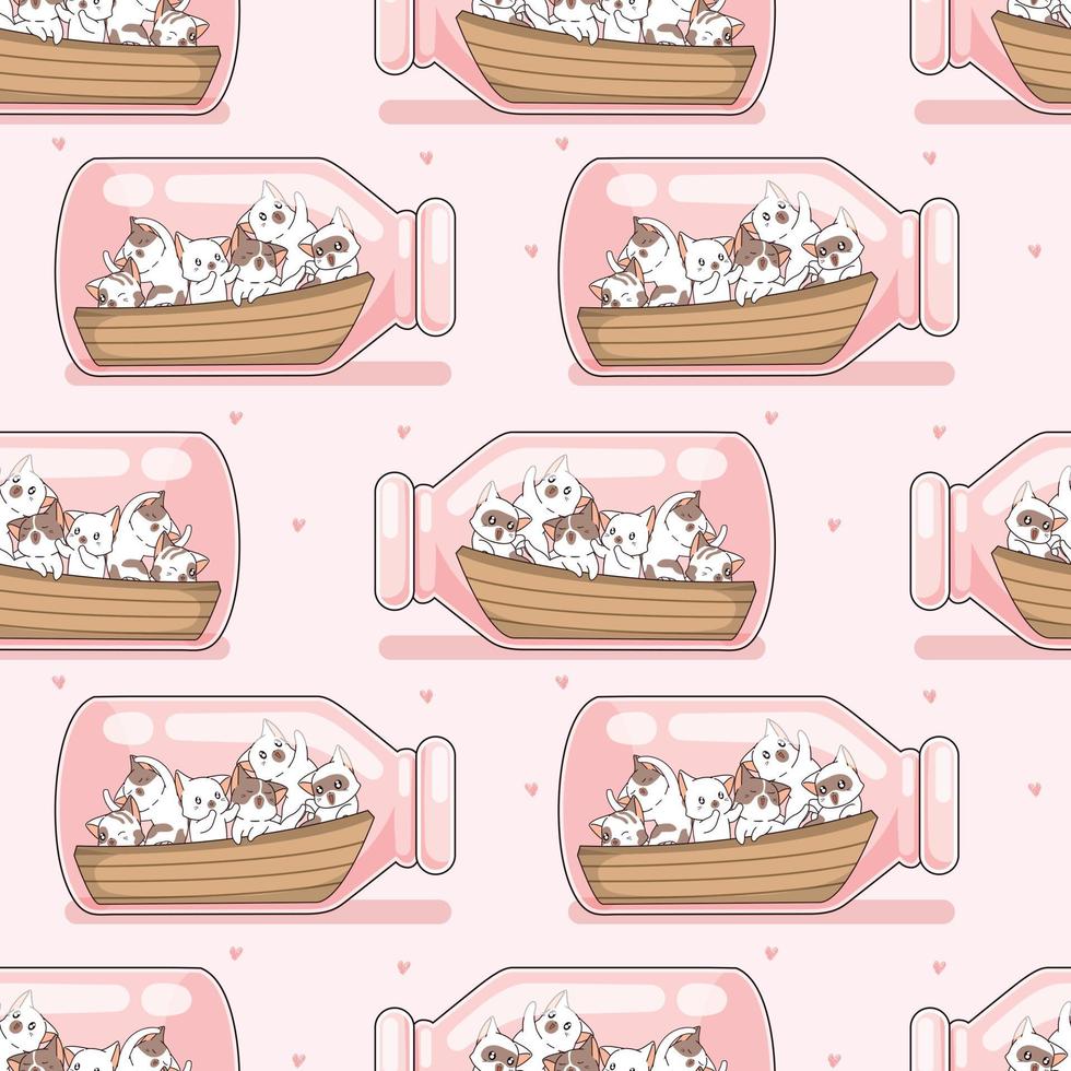 Seamless cats and boat in bottle pattern vector