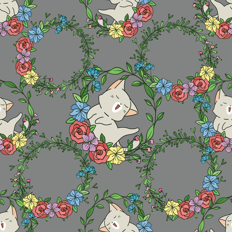 Seamless cat with floral wreath pattern vector