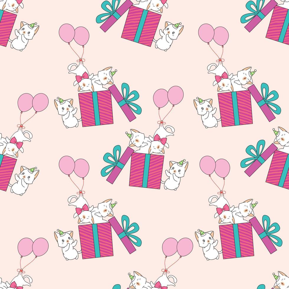 Seamless cats with balloons and gift box pattern vector