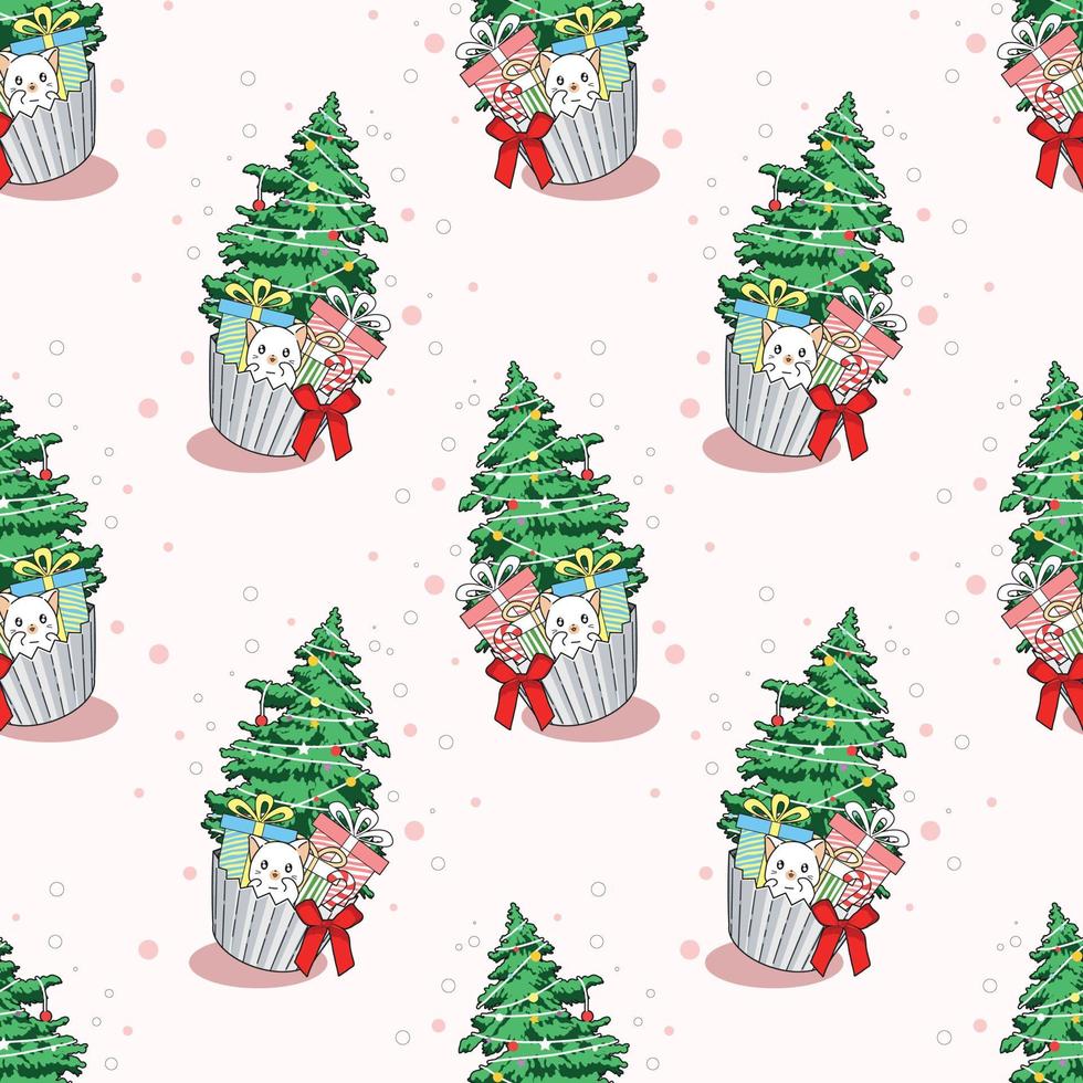 Seamless pattern cat and Christmas tree in cup cake cartoon vector