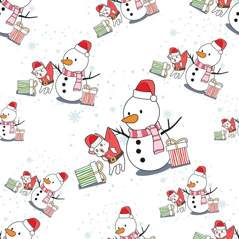 Seamless pattern Santa Claus cat and snow man cartoon vector