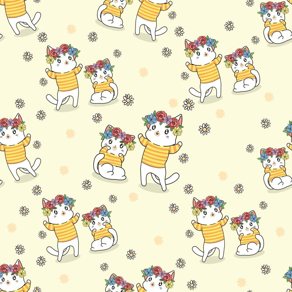 Seamless pattern cats with florals cartoon vector