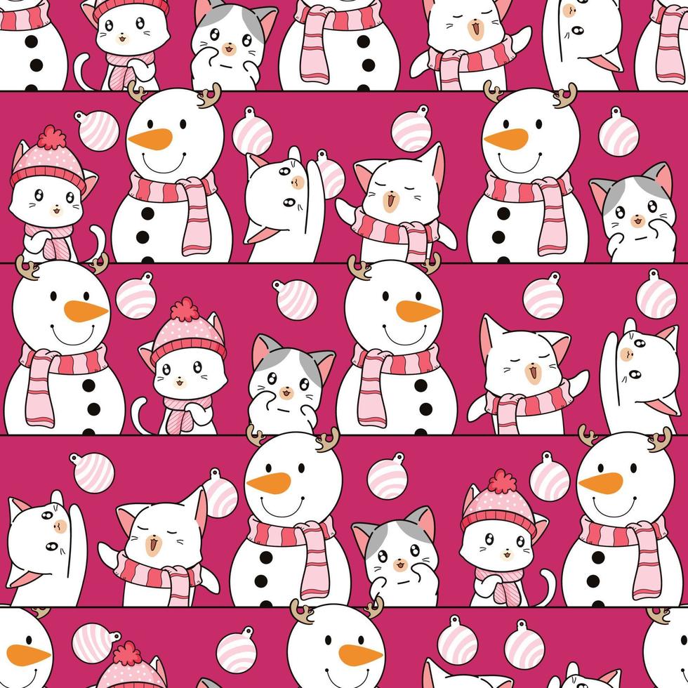 Seamless pattern cats with snow man vector