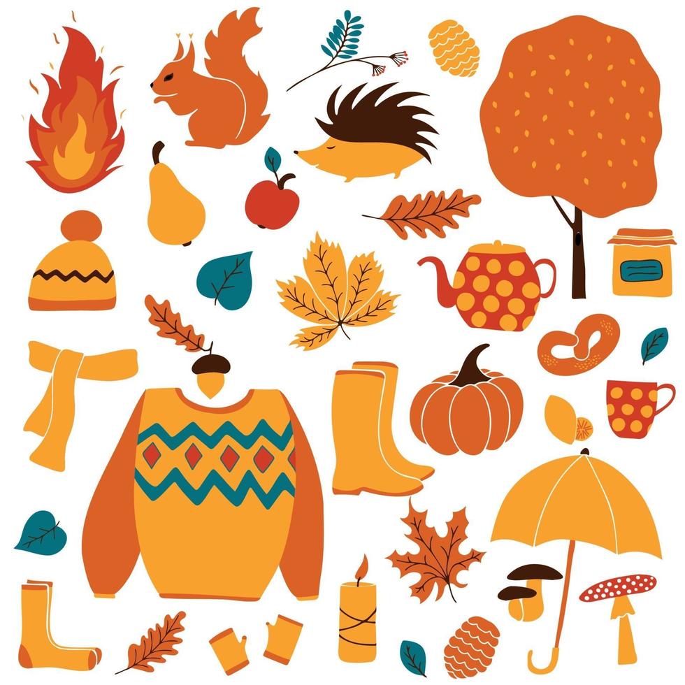 Autumn set. yellow and orange falling leaves, fruits, animals, pumpkin vector