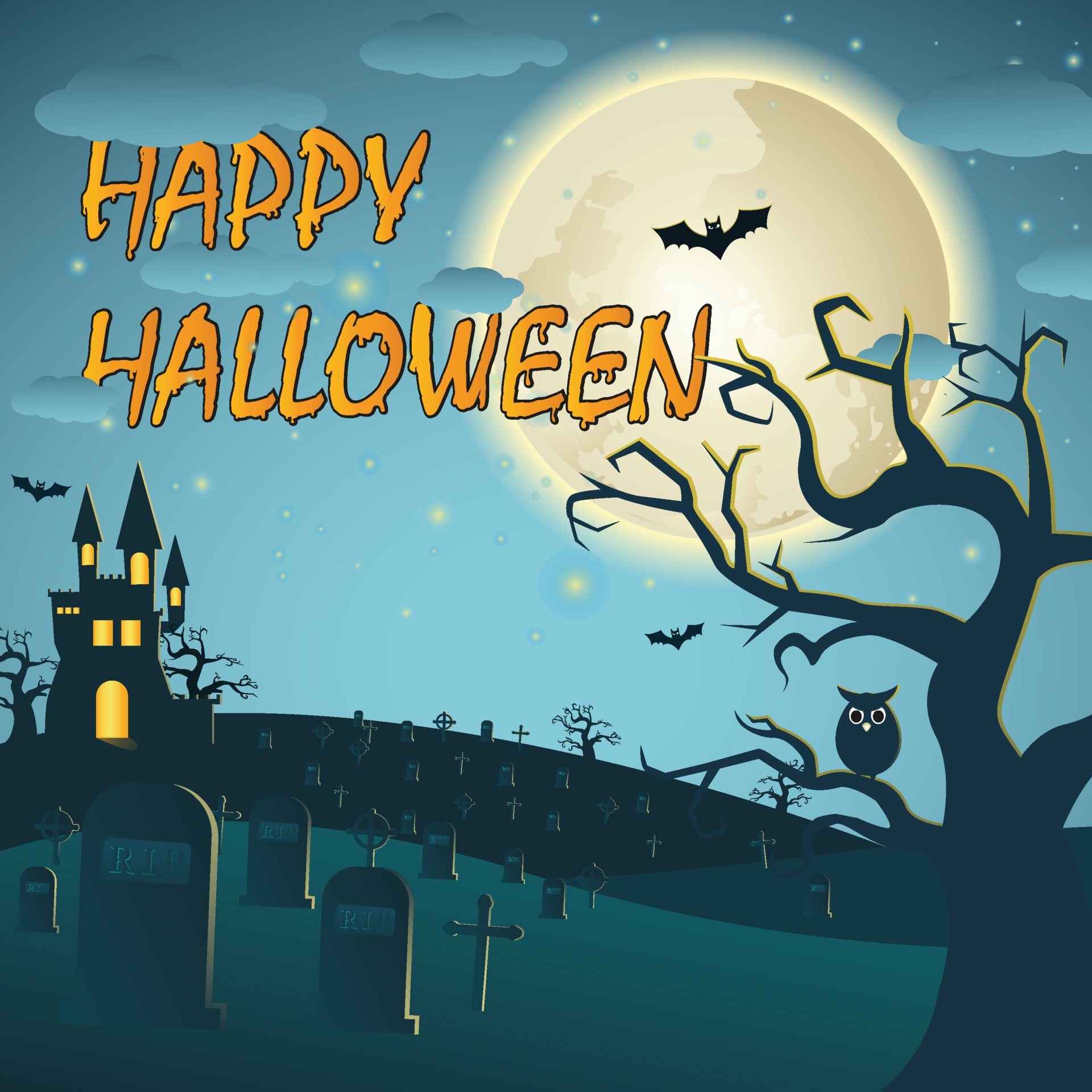 Happy Halloween greeting with castle at the night 3463708 Vector Art at ...