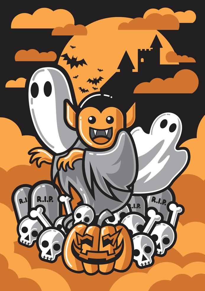 Fondo de noche de halloween con un cementerio y calabazas y murciélagos. vector