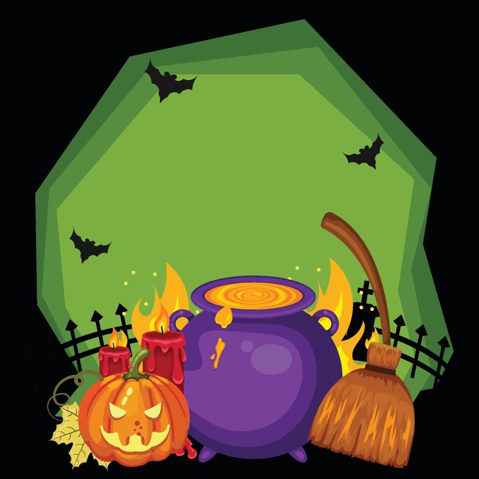 Halloween brooms cauldrons pumpkins and candles on a dark background. vector