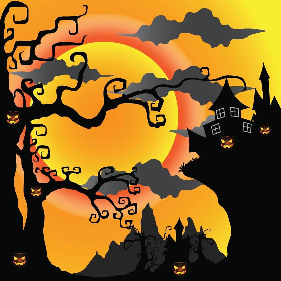 Halloween night moon composition with glowing pumpkins vintage castle vector