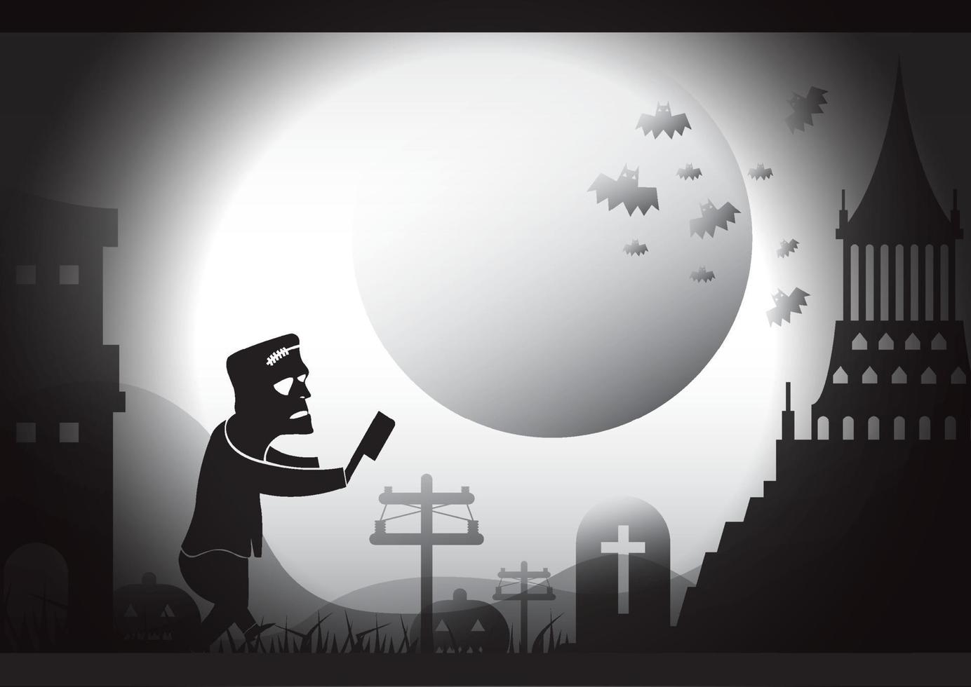 personaje de monstruo de frankenstein de halloween con castillo de noche oscura vector