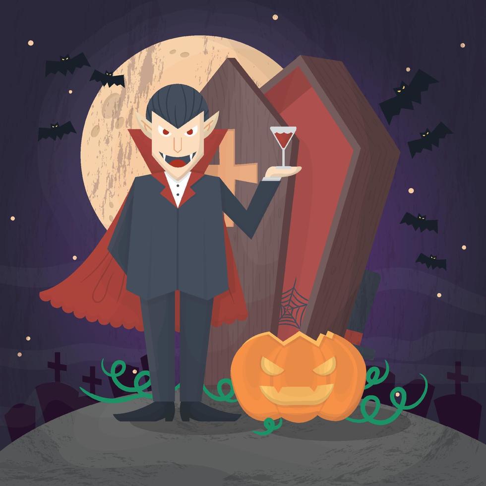 Halloween vampire box and pumpkin with Christian coffin cross vector