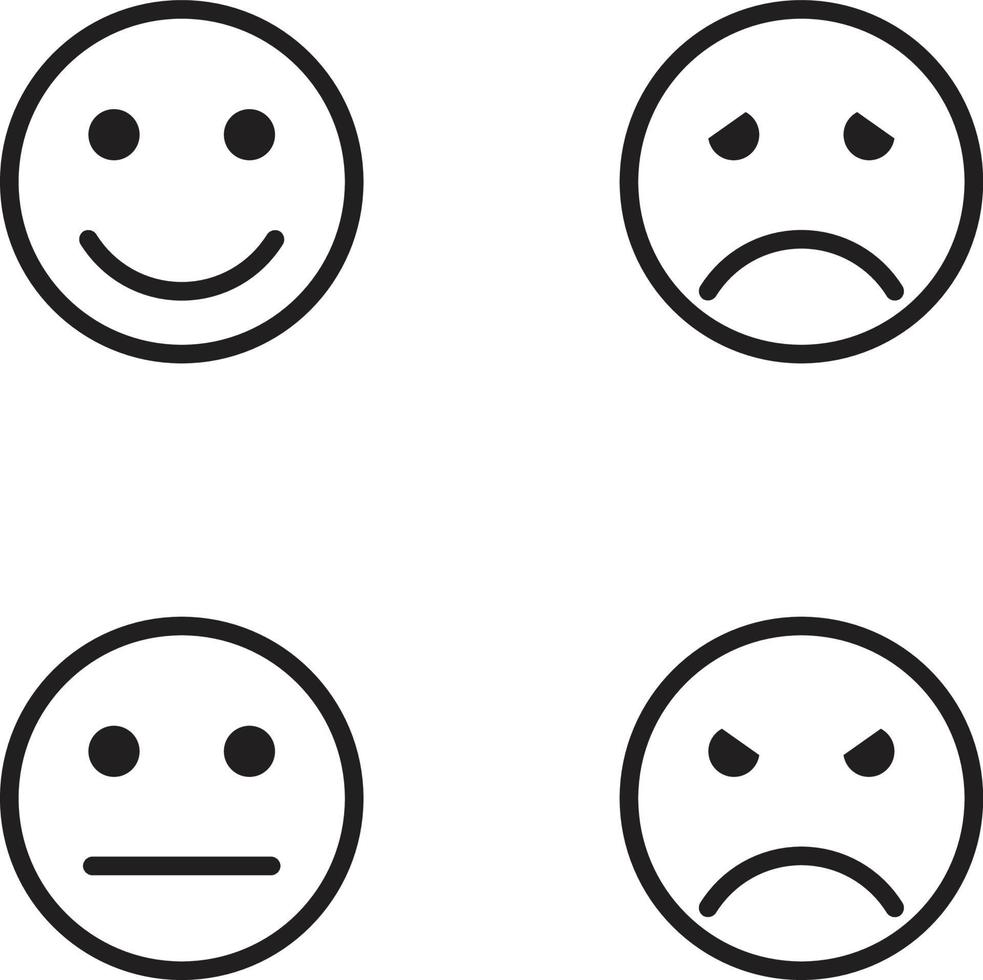 un conjunto de caras emoji de líneas felices, enojadas, decepcionadas y tristes vector