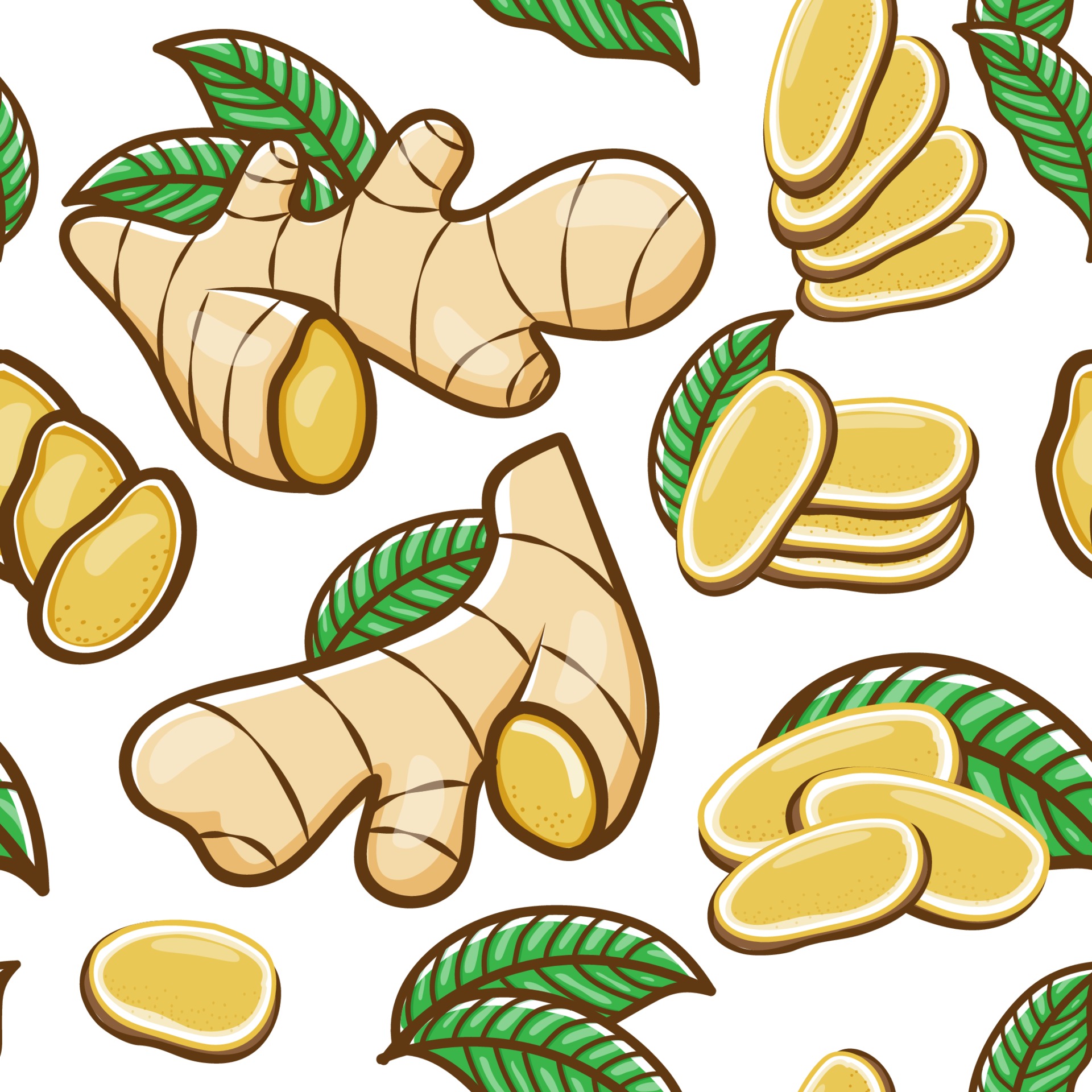 Ginger slice and leaf seamless pattern on white background 3463784