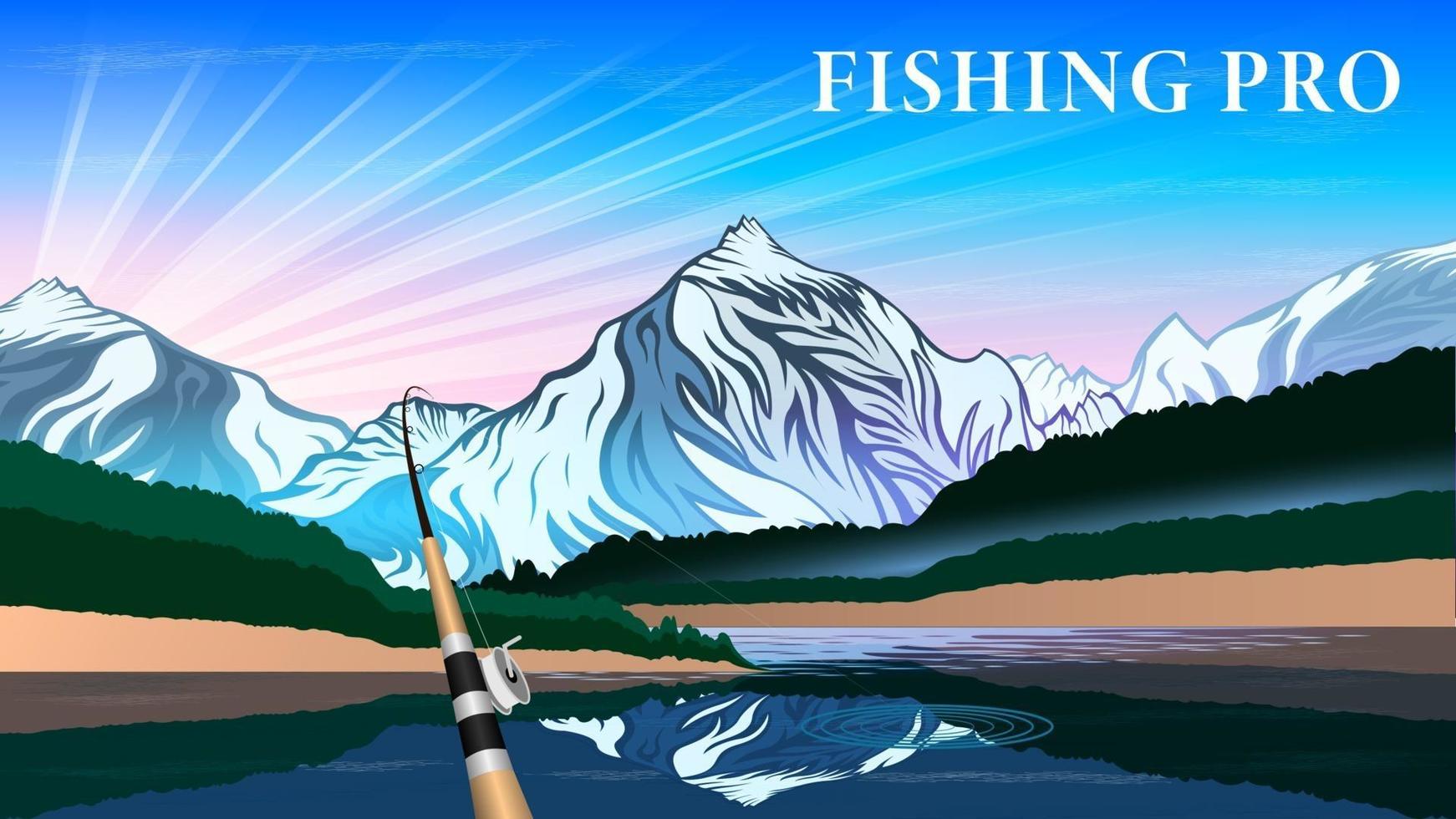 Fishing at lake landscape cartoon vector