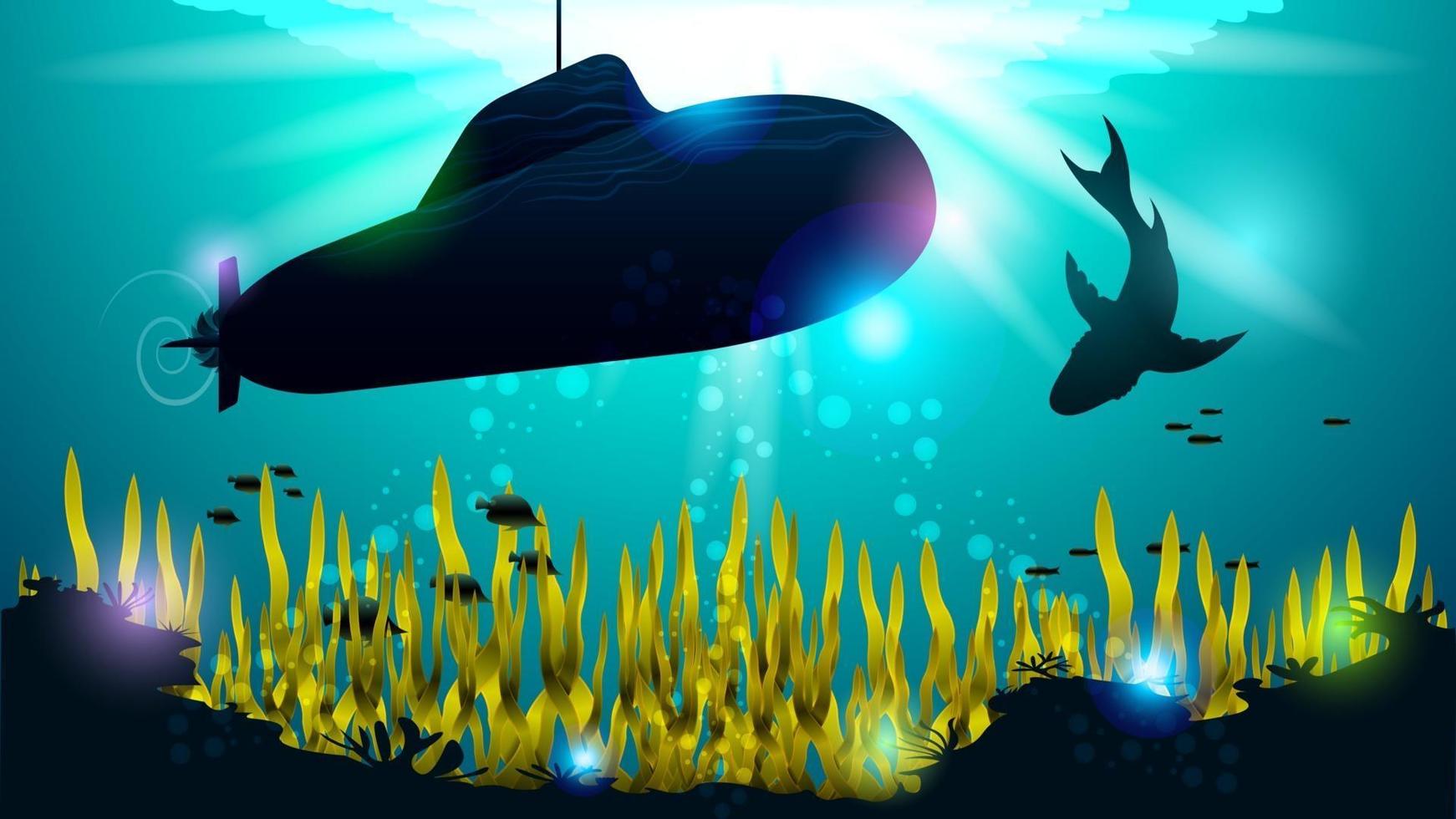 submarino y gran tiburón bajo el agua. vector