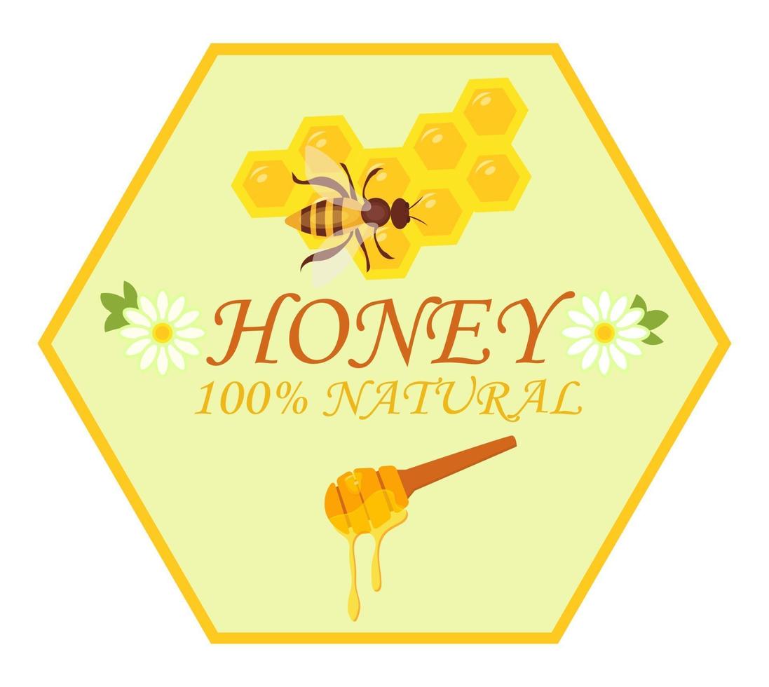 Natural product honey label design. Vector illustration.