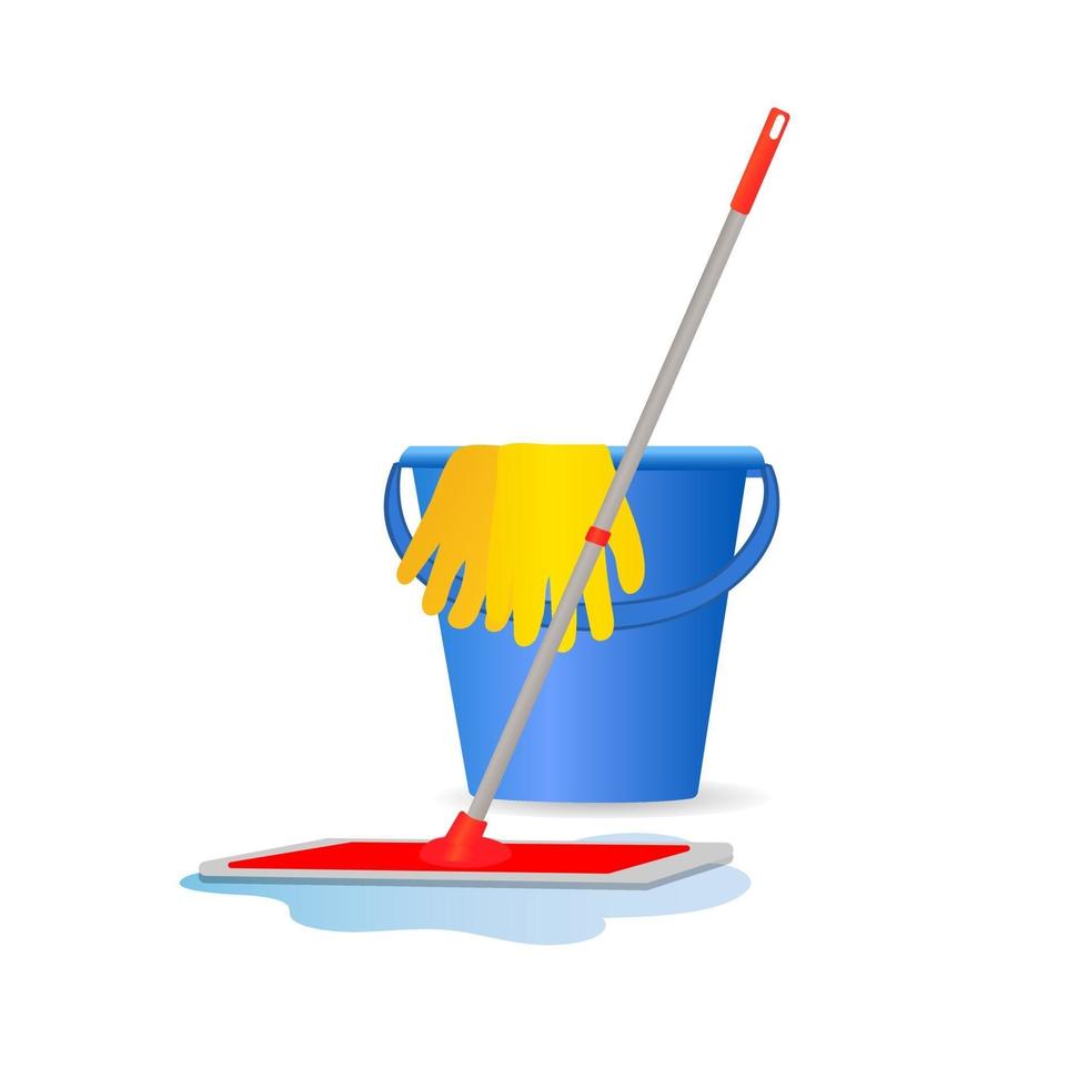 Bucket with mop and gloves vector