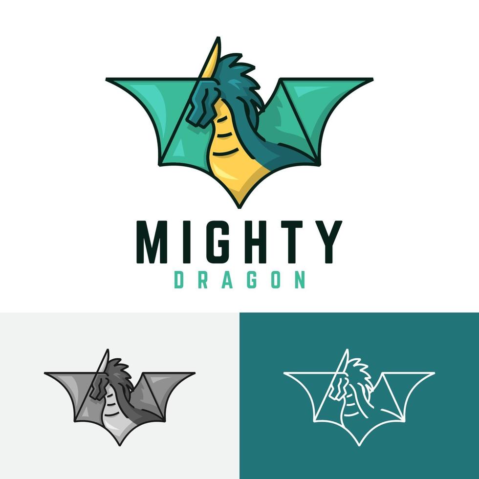 Mighty Horned Green Dragon Flying Wings Strong Legendary Logo vector