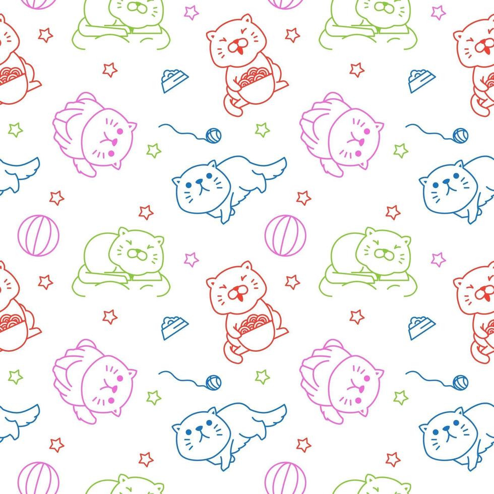 Fun Fat Cat Playing Eating Seamless Pattern Texture Background vector