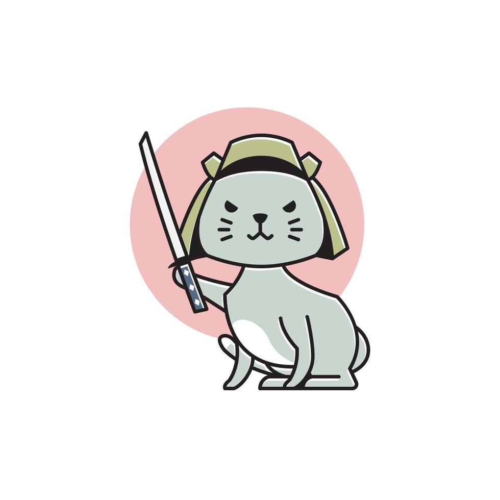 lindo gato disfraz de samurai japonés ilustración de dibujos animados plana de japón vector