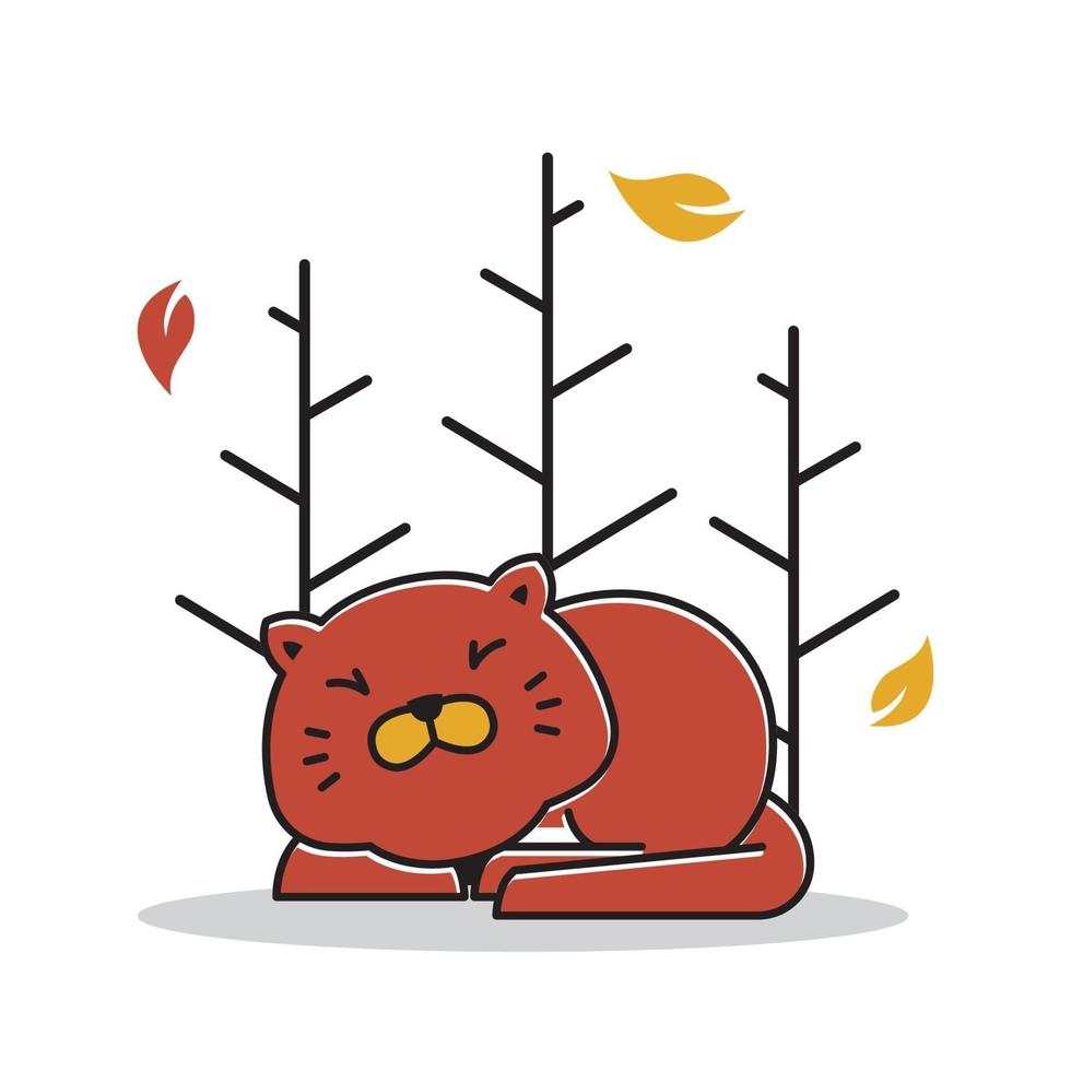 Cute Sleeping Fat Cat Autumn Fall Season Cartoon vector