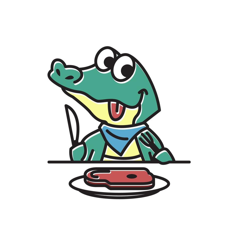 Crocodile Alligator Eating Meat Funny Cute Character Cartoon Mascot vector