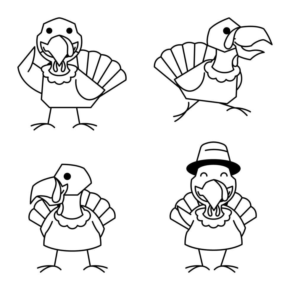 Turkey Bird Rooster Autumn Fall Thanksgiving Character Cartoon Line vector