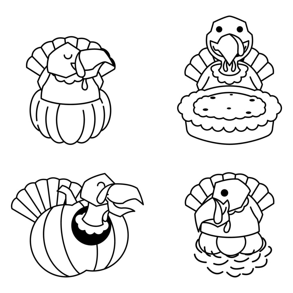 Turkey Autumn Fall Pumpkin Pie Egg Thanksgiving Cartoon Line Art vector