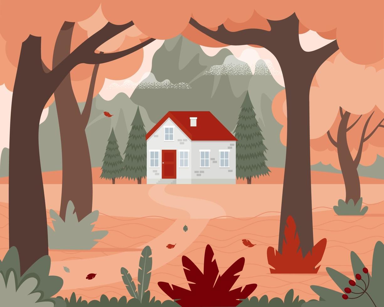 paisaje otoñal con una casa en el bosque y las montañas vector