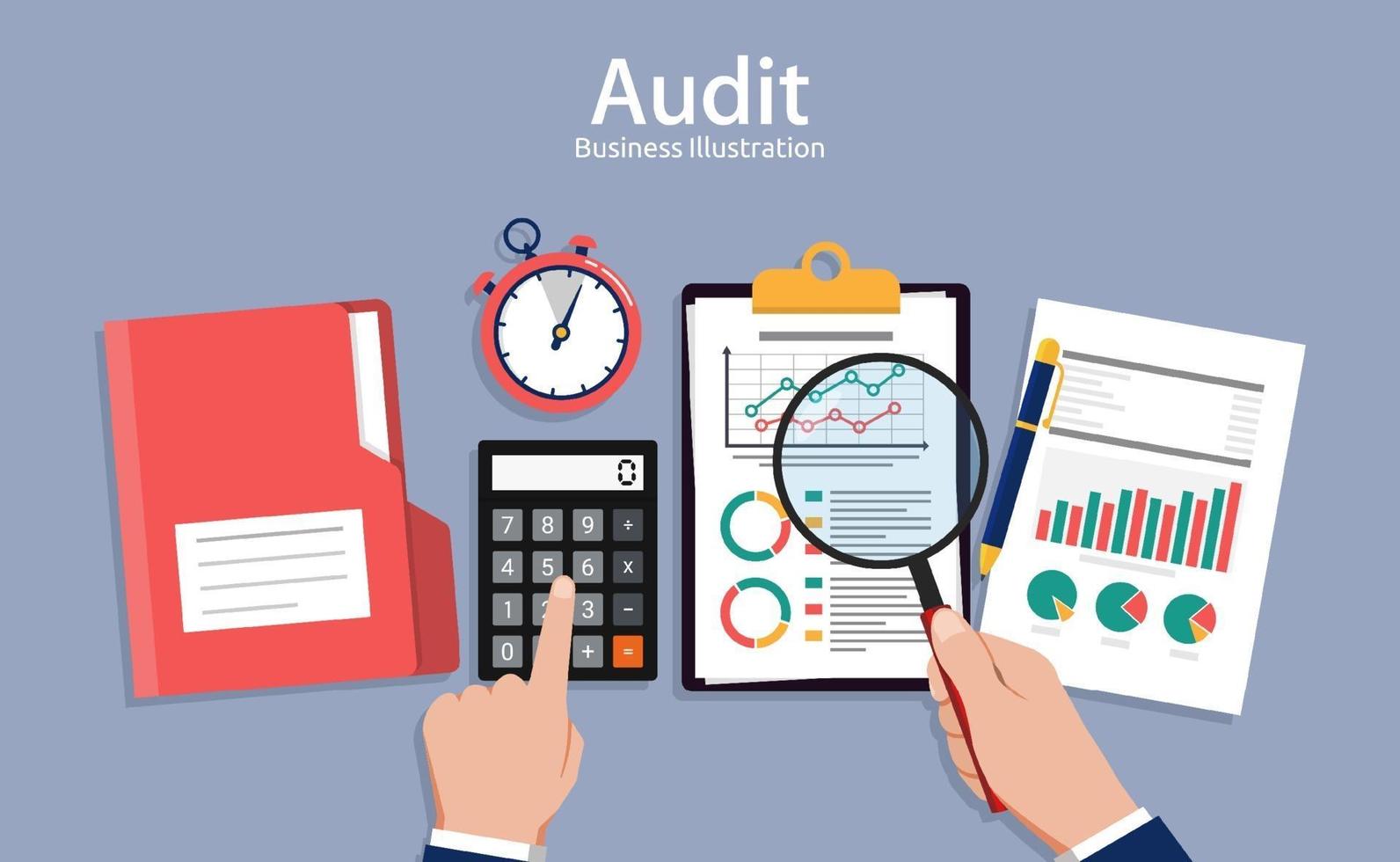 conceptos de auditoría, auditor haciendo examen de informe financiero vector
