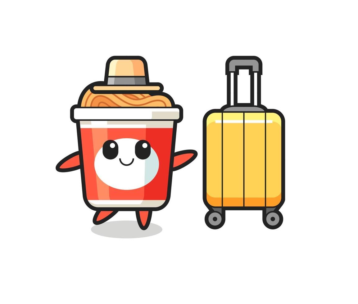 instant noodle cartoon illustration with luggage on vacation vector