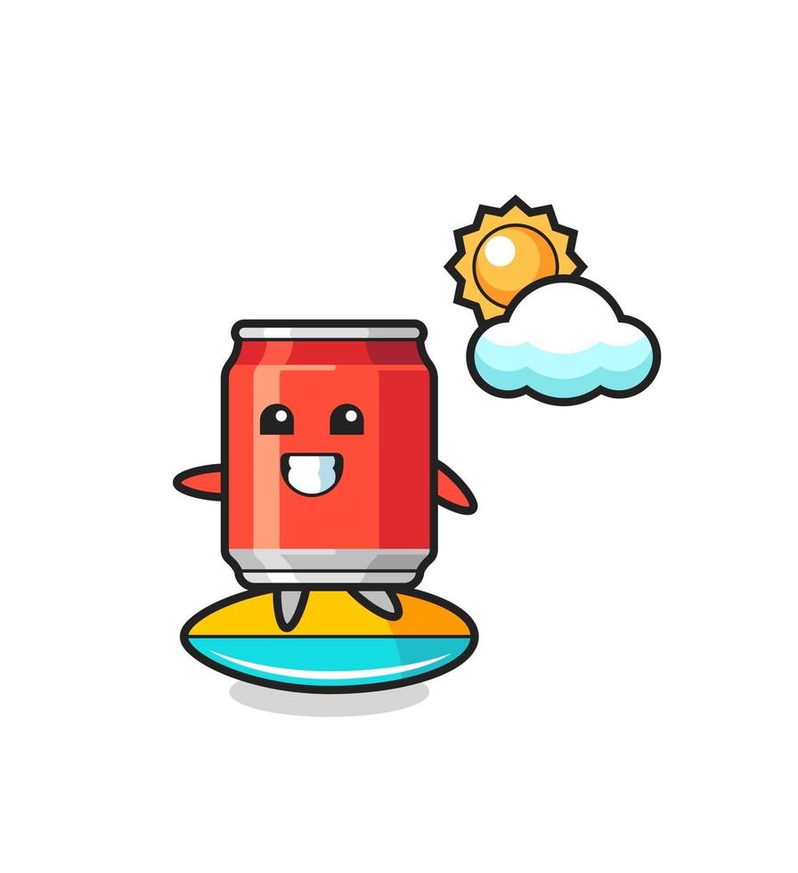 Illustration of drink can cartoon do surfing on the beach vector