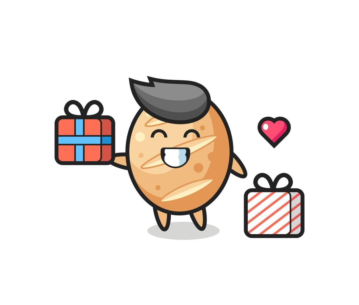 french bread mascot cartoon giving the gift vector