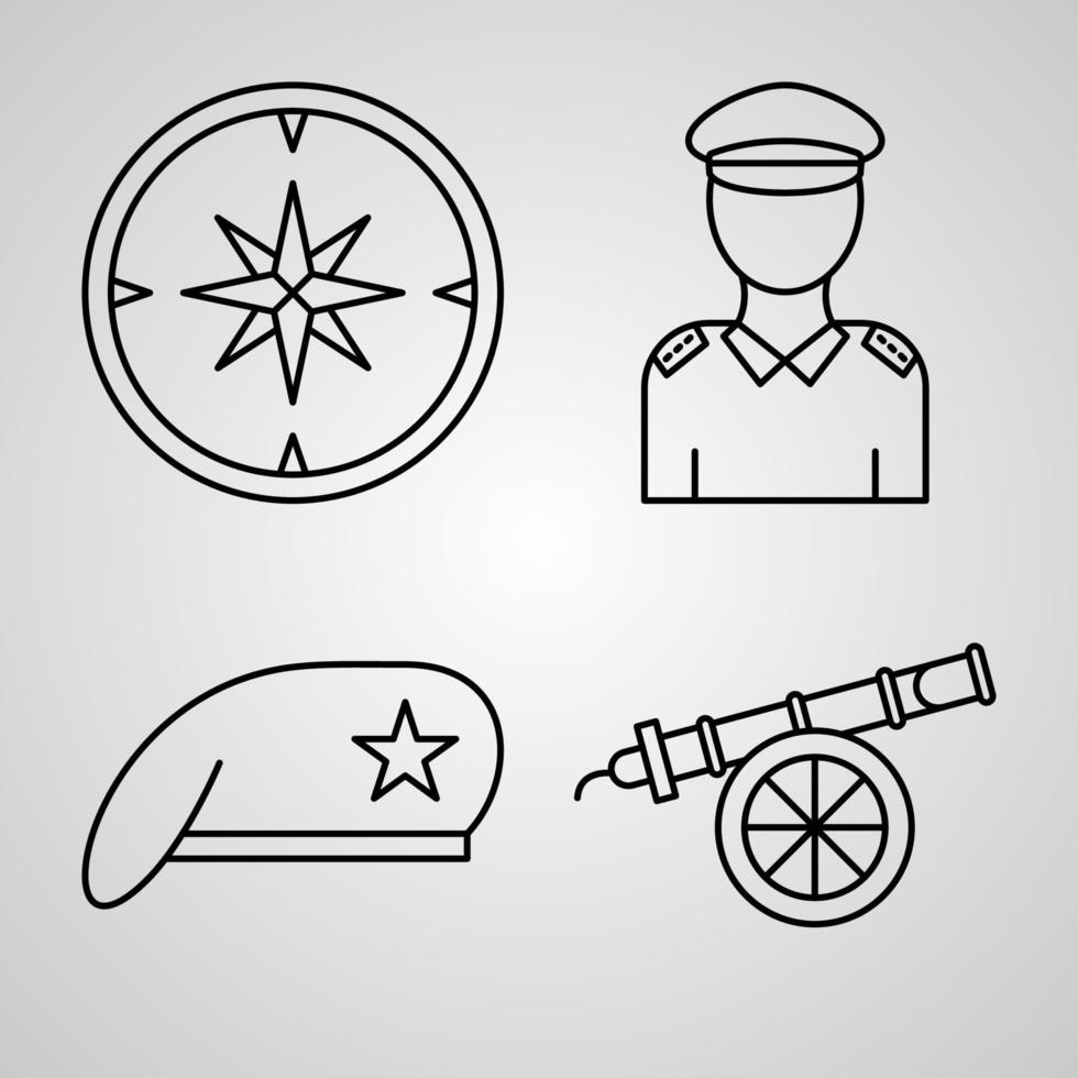 conjunto de iconos de diseño plano de línea delgada de militares vector