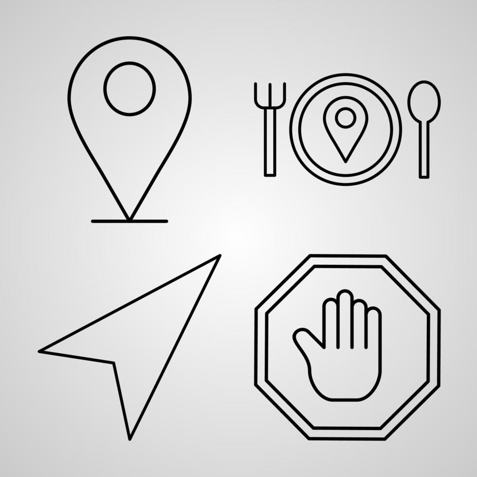 Los iconos de línea de navegación y mapas establecen símbolos de esquema navegación y mapas vector