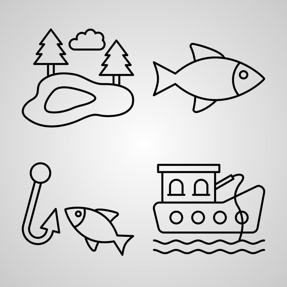 Set of Vector Line Icons of Fishing