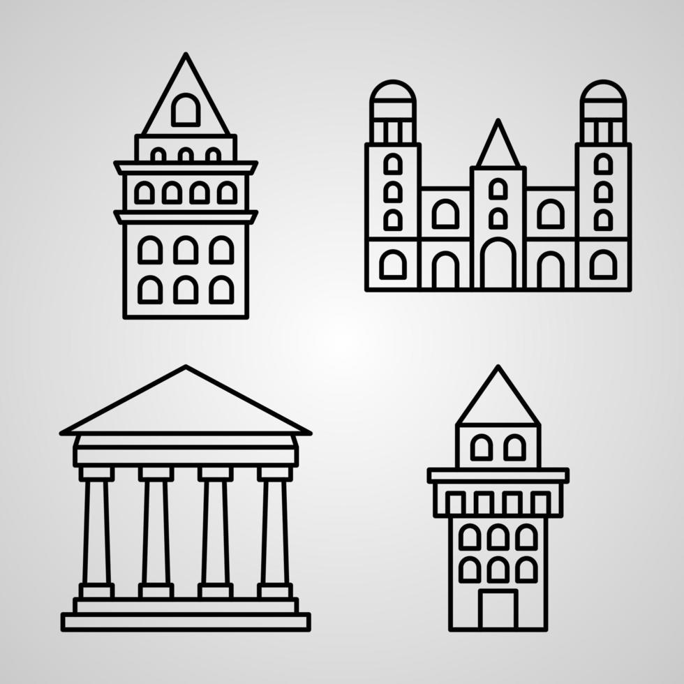 conjunto de iconos de diseño plano de línea delgada de monumentos vector