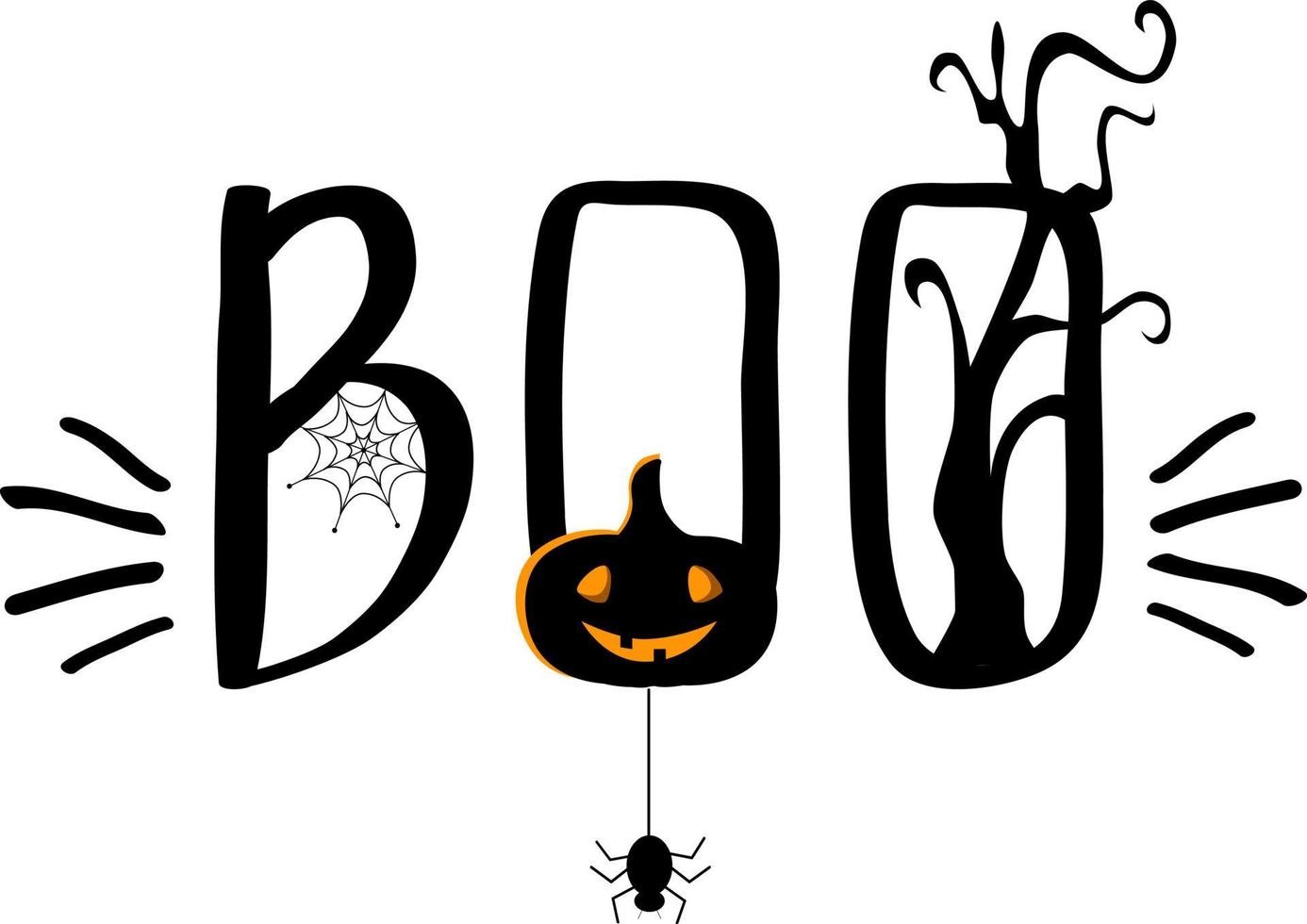 letras de halloween abucheo con árbol y calabaza vector