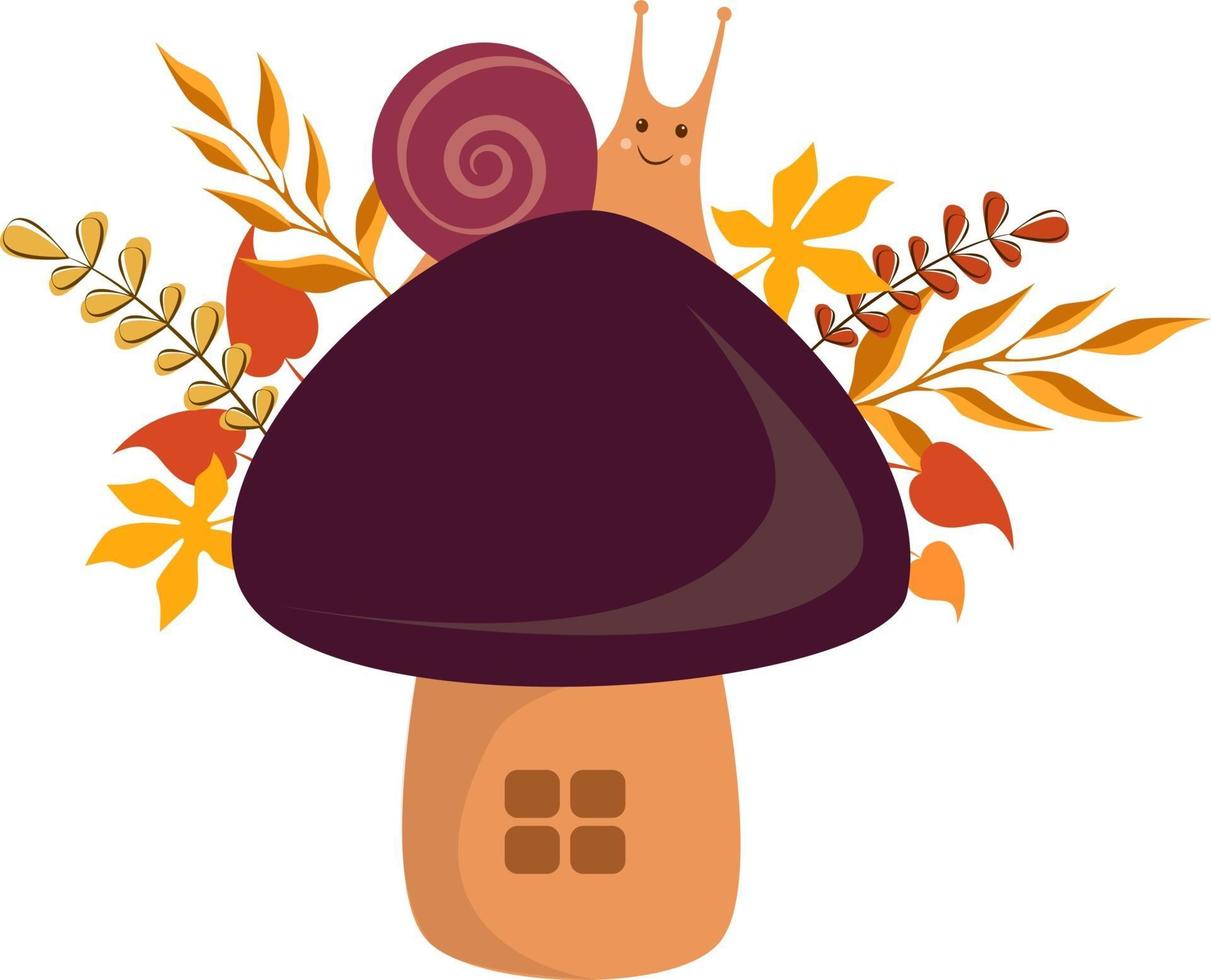 Vector illustration of a snail on a mushroom with autumn leaves